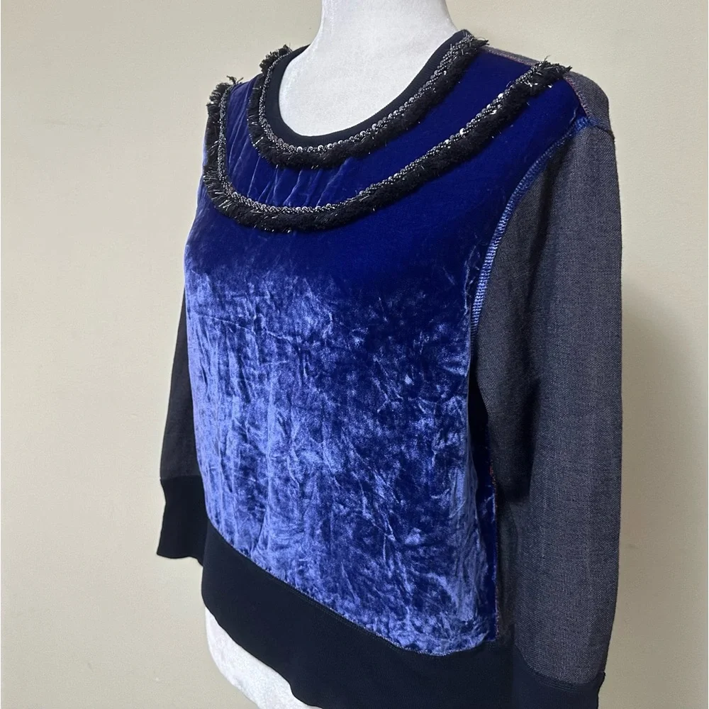 J Crew Black Label Blue Crush Velvet Beads Silver Tinsel Fringe Pullover Top S/M - Picture 7 of 15